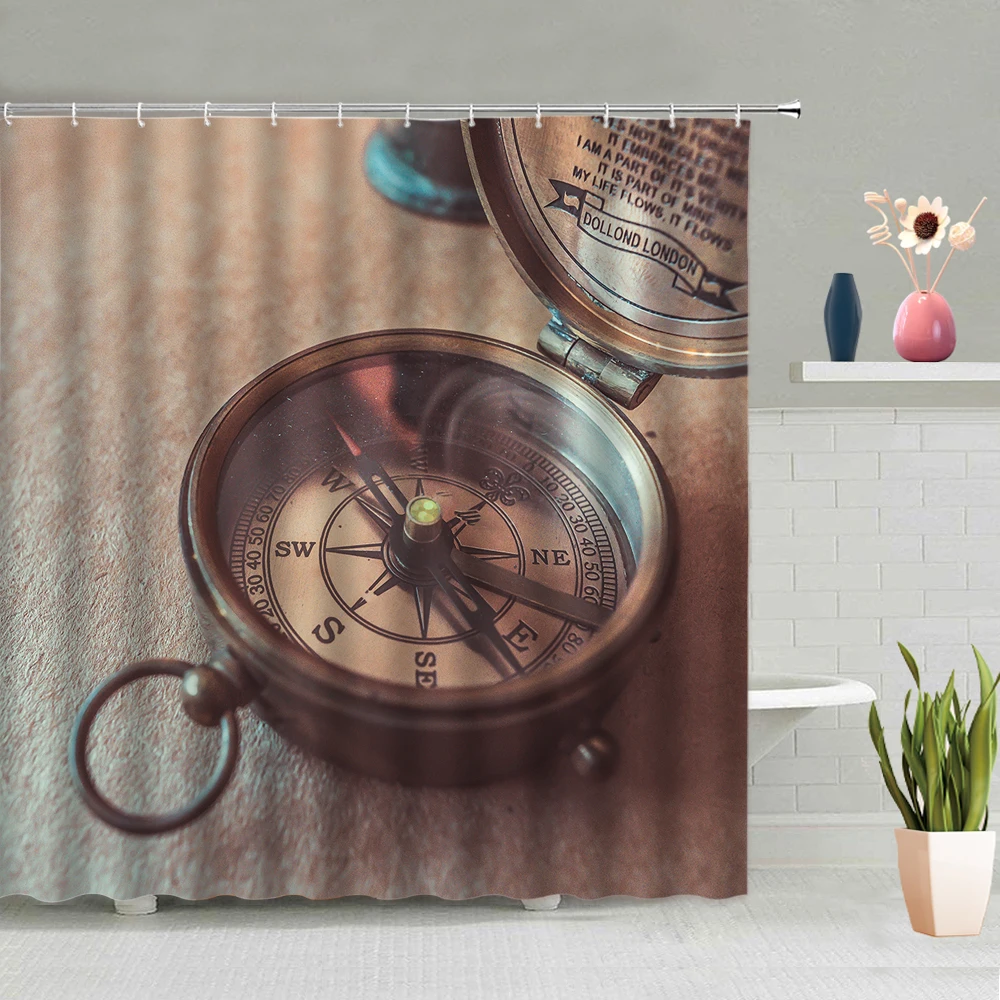 

Bathroom Pendant Nostalgic Retro Personality Compass Telescope Partition Screen Shower Curtain Waterproof Polyester Belt Hook