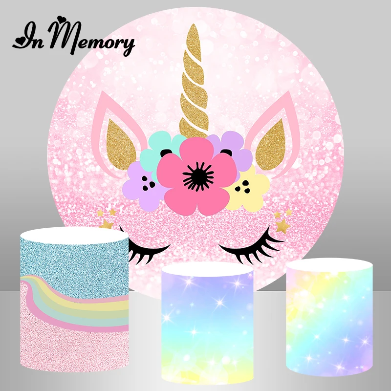 В памяти розовым блеском Единорог вечерние круглый задний фон цветы