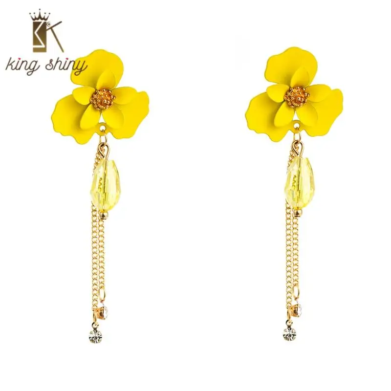 

Korean New Design Temperament Enamel Crystal Flower Tassel Earring Bohemian Sunflower Long Earrings Bridal Wedding Party Earring