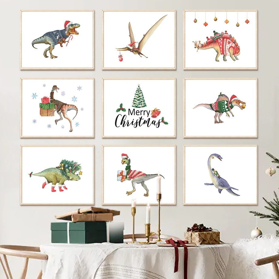 

Christmas Tree Fireplace Hat Dinosaur Gift Nordic Posters And Prints Wall Art Canvas Painting Wall Pictures Kids Room Home Decor