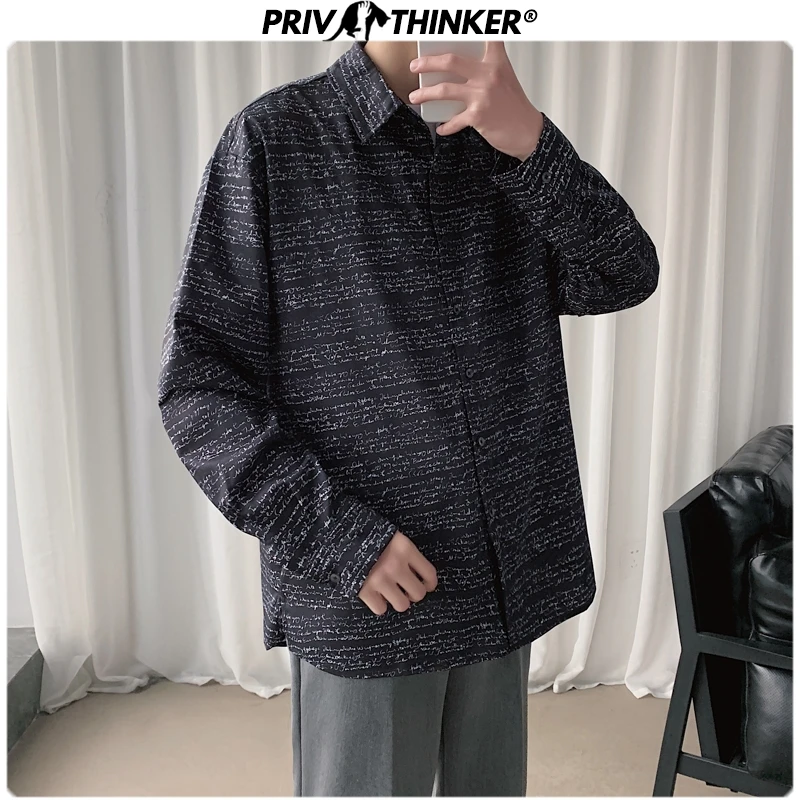 Мужская винтажная рубашка Privathinker черная Свободная с принтом и длинным рукавом 2020