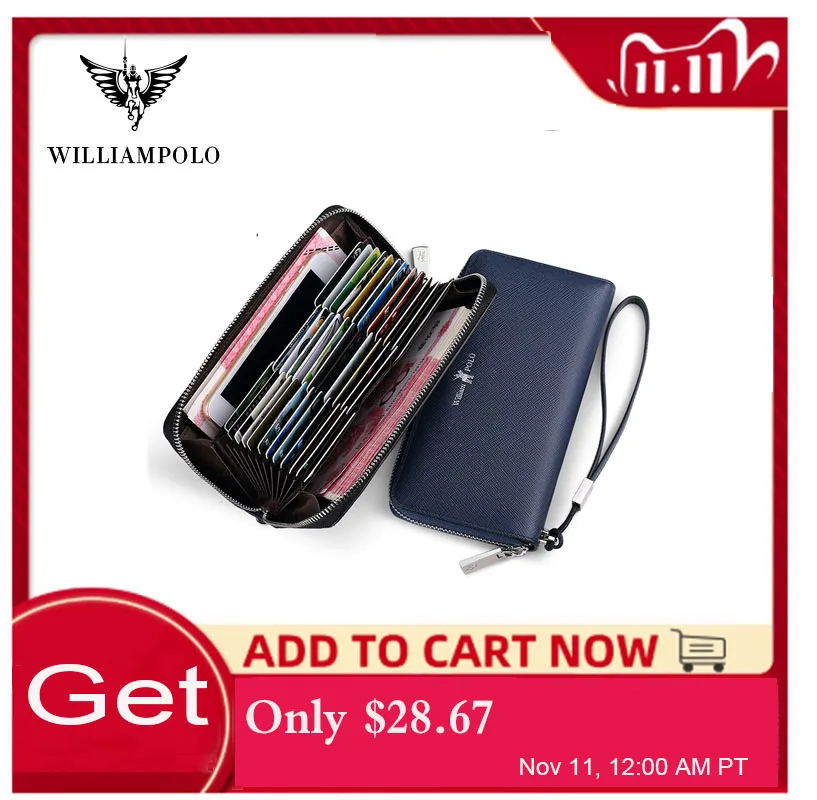 Роскошный длинный кошелек WILLIAMPOLO деловой бумажник из натуральной кожи с