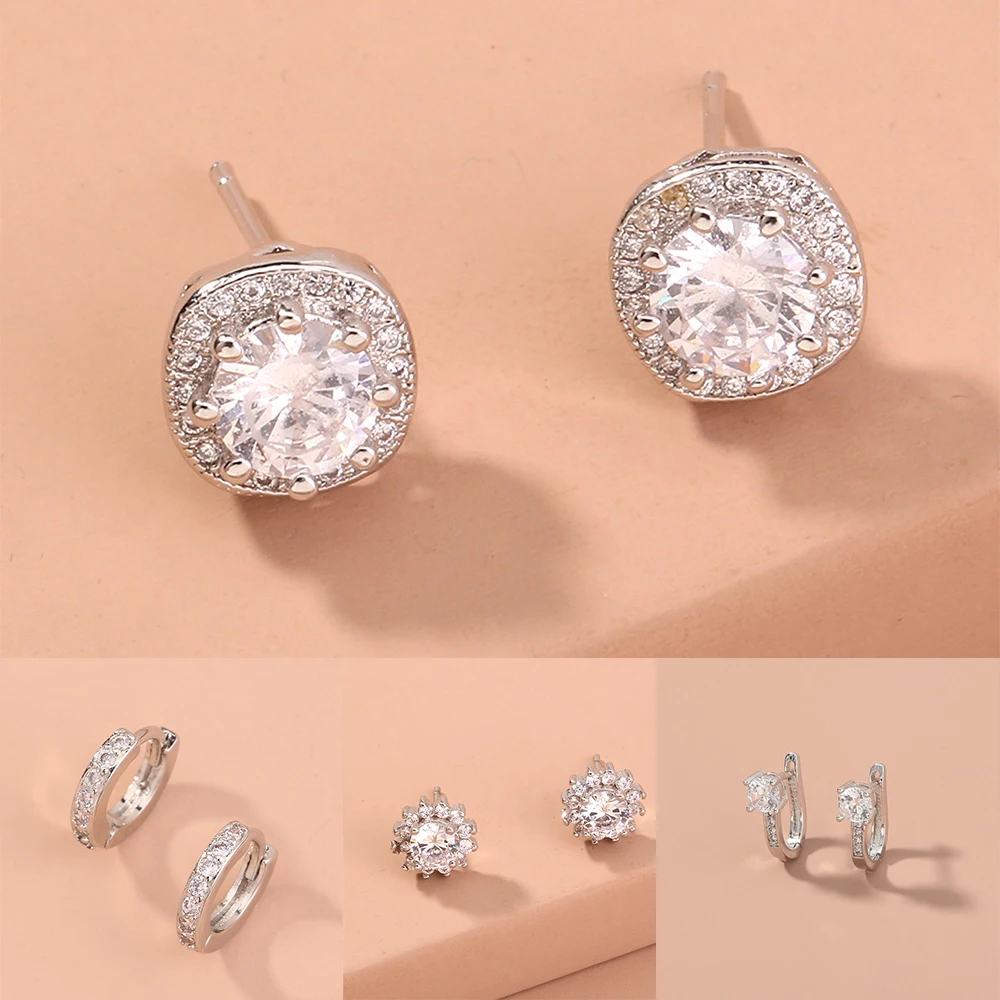 

Простые серьги-гвоздики в европейском стиле с микро-инкрустацией из кристаллов циркона, темпераментные серьги