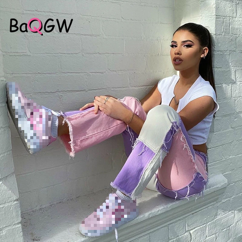 

Джинсы BaQGW контрастных цветов, женские брюки в стиле преппи, шикарная уличная одежда, прямые джинсовые джоггеры с высокой талией