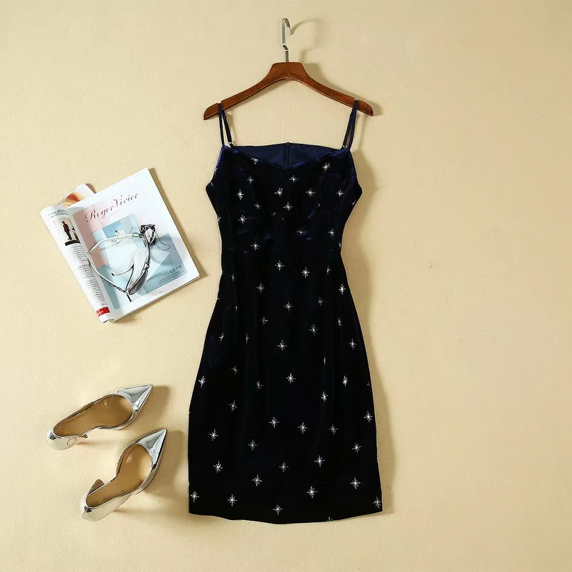 

Designer Top Quality Clothing Sets Women Star Patterns Embroidery Blazer Jacket+Sleeveless Sexy Strap Dress Suits & Sets Female