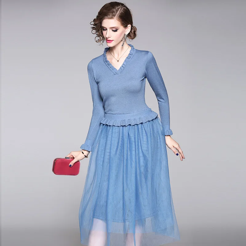 Женское длинное платье из тюля с V-образным вырезом и оборками | Женская одежда