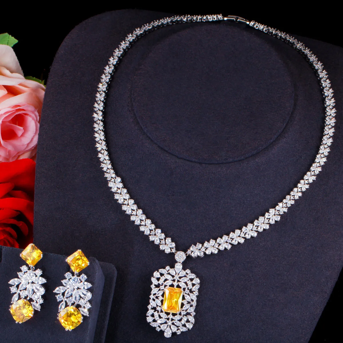 

Zircons Shiny White Gold Color Royal Blue CZ Stone Women Luxury Wedding Necklace and Earrings Jewelry Set for Brides