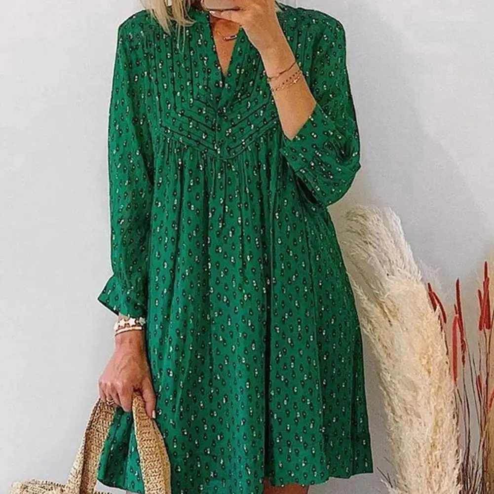 

New Summer Print Midi Dresses For Women V-neck Collar Casual Long Sleeve Green Dress Robe Large Swing Type Big Size