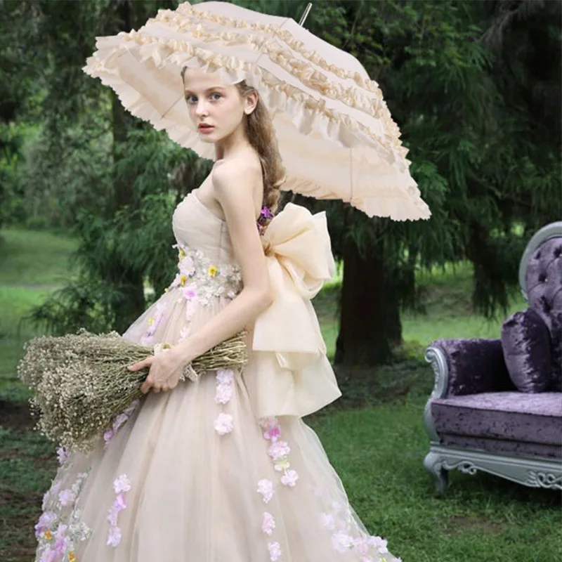 

Vintage Ruffle Wedding Bride Pagoda Umbrella For Womens Princess Lolita Fashion Cosplay Pink White Black Parasol