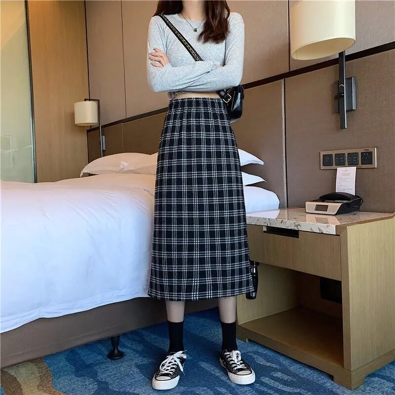 

Retro Plaid Skirt Female 2021 Spring/summer Women Korean New Fashion Girl Elastic High Waisted Mid-calf A-line Skirts Y830