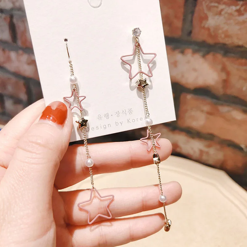 

SNCSDK Five-pointed Star Tassel Hollow Women's Stud Earrings Long Asymmetrical Earrings elegant all-match fashion jewelry