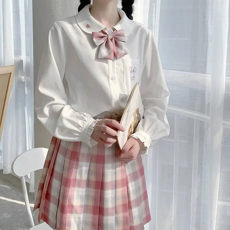 Японская белая шифоновая блузка Kawaii Женская Осенняя рубашка с длинным рукавом и