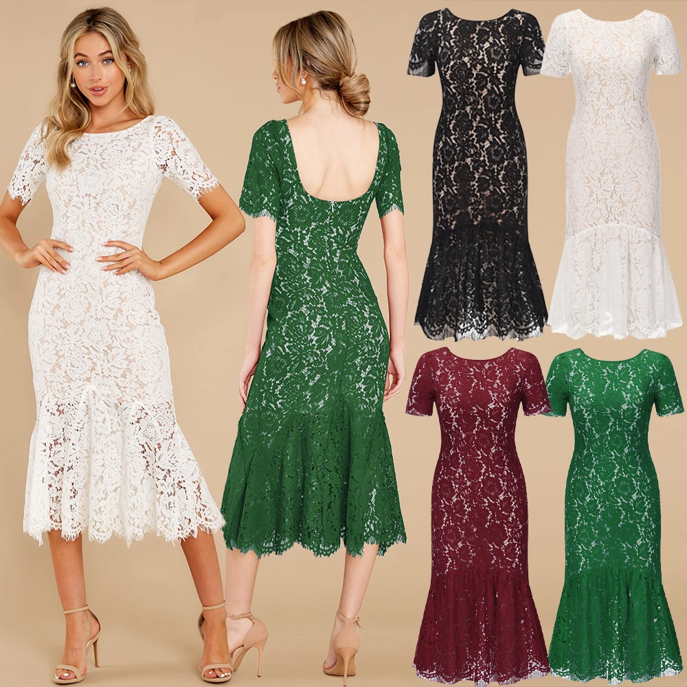 

2022 New Women Summer Long Lace Dress Solid White Black Green Short Sleeve O-Neck Mid-Calf Casual Wear Night Part Dress Clothes