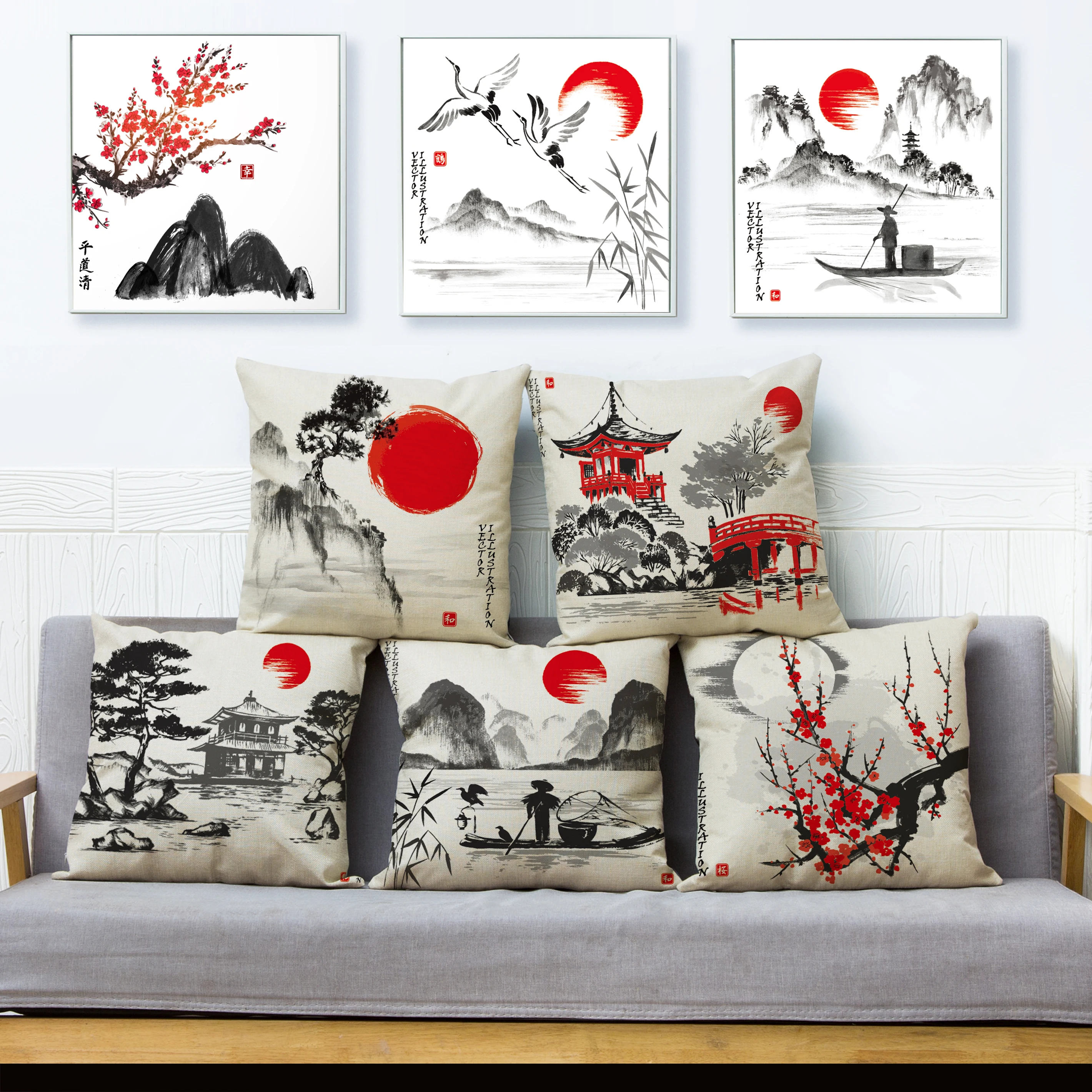 

Классические Чехлы для подушек с чернильным ландшафтом и краном, размеры 45*45