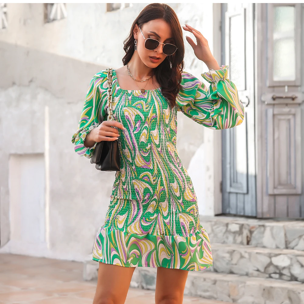 

Fashion Mini Dress Woman Spring Autumn Casual Long Sleeve Ruffles Floral Print Green Dress Elegant Party Dresses For Women Robe