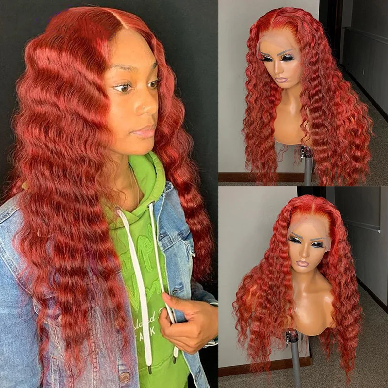 Red Deep Wave Wavy 13x4 Lace Front Human Hair Wig Brazilian Virgin Curly Lace Front Deep Part 13x4 Lace Front Wig 180 Density