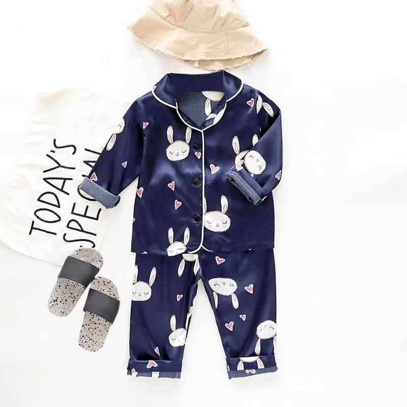 

Laamei Children's Pajamas Set Baby Suit Kids Clothes Toddler Boys Girls Ice silk satin Cartoon printing Tops Pants Set home Wear