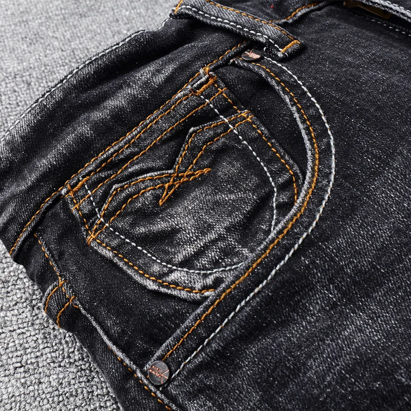 Italian Style Fashion Men Jeans Retro Black Gray Elastic Slim Fit Ripped Jeans Men Vintage Designer Casual Cotton Denim Pants