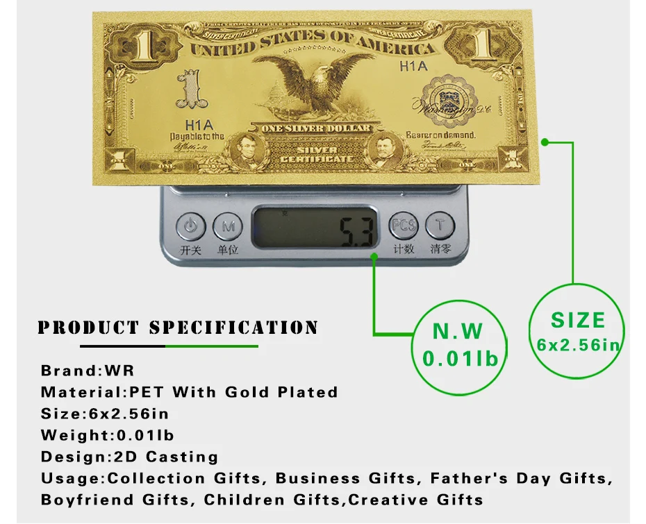 Позолоченная банкнота США 1899 г. американские Золотые купюры за 1 доллар домашний