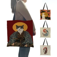 fashion branded handbags women designer totes japanese ninja warrior cat print eco reusbale shopping shoulder bags foldable