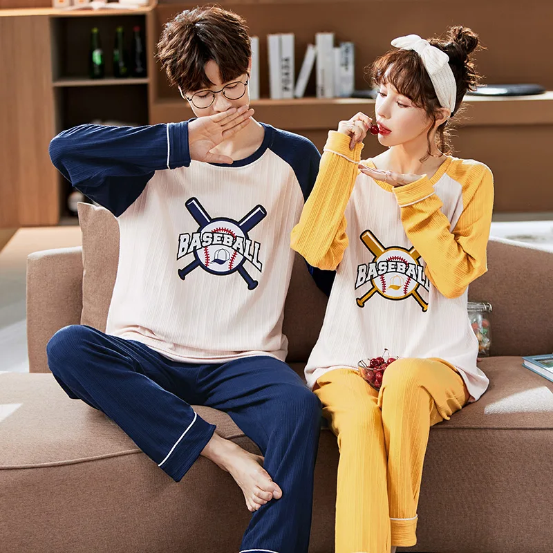 Новые осенне-зимние хлопковые Пижамные комплекты для пар с длинным рукавом в