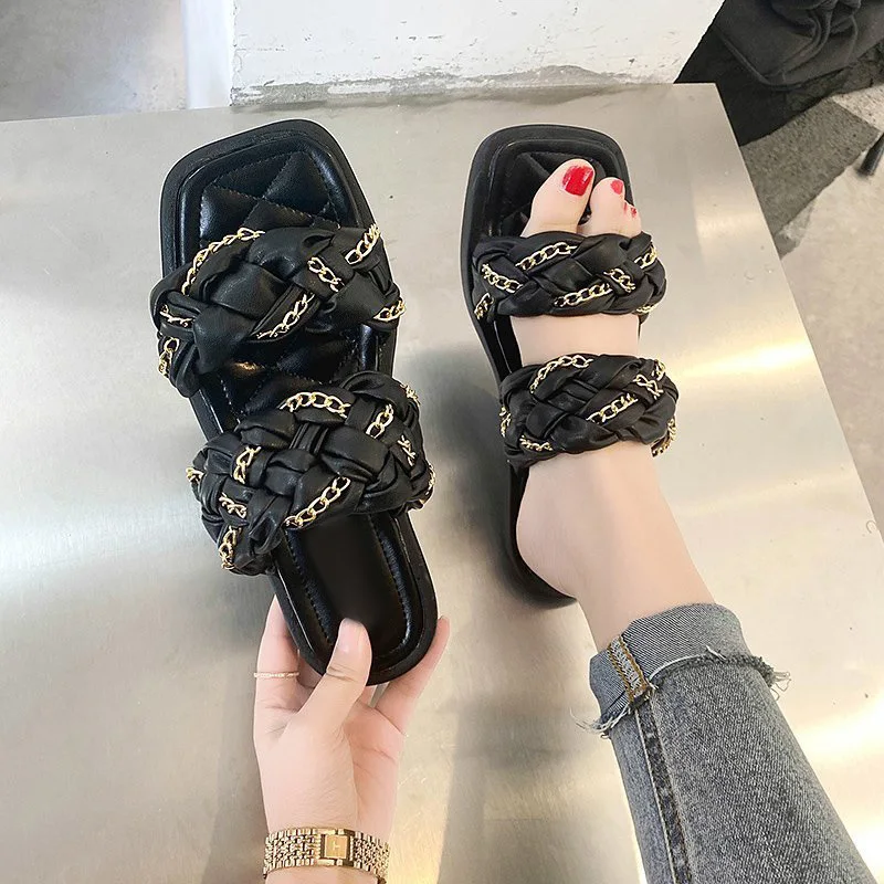 

2021 New Sandals Women Slippers Casual Style Flip Flops Thick Bottom Woven Chain Beach Shoes Leisure Fashion indoor Footwear