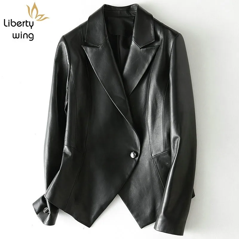 Designer Sheepskin Blazer Ladies Suit Collar Single Button 100% Real Leather Coats Motocycle Short Jacket Women Chaqueta Mujer