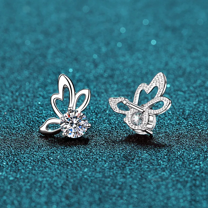 

Silver Total 0.6-1 Carat Excellent Cut Diamond Test Passed D Color High Clarity Moissanite Butterfly Stud Earrings Diamond Gift