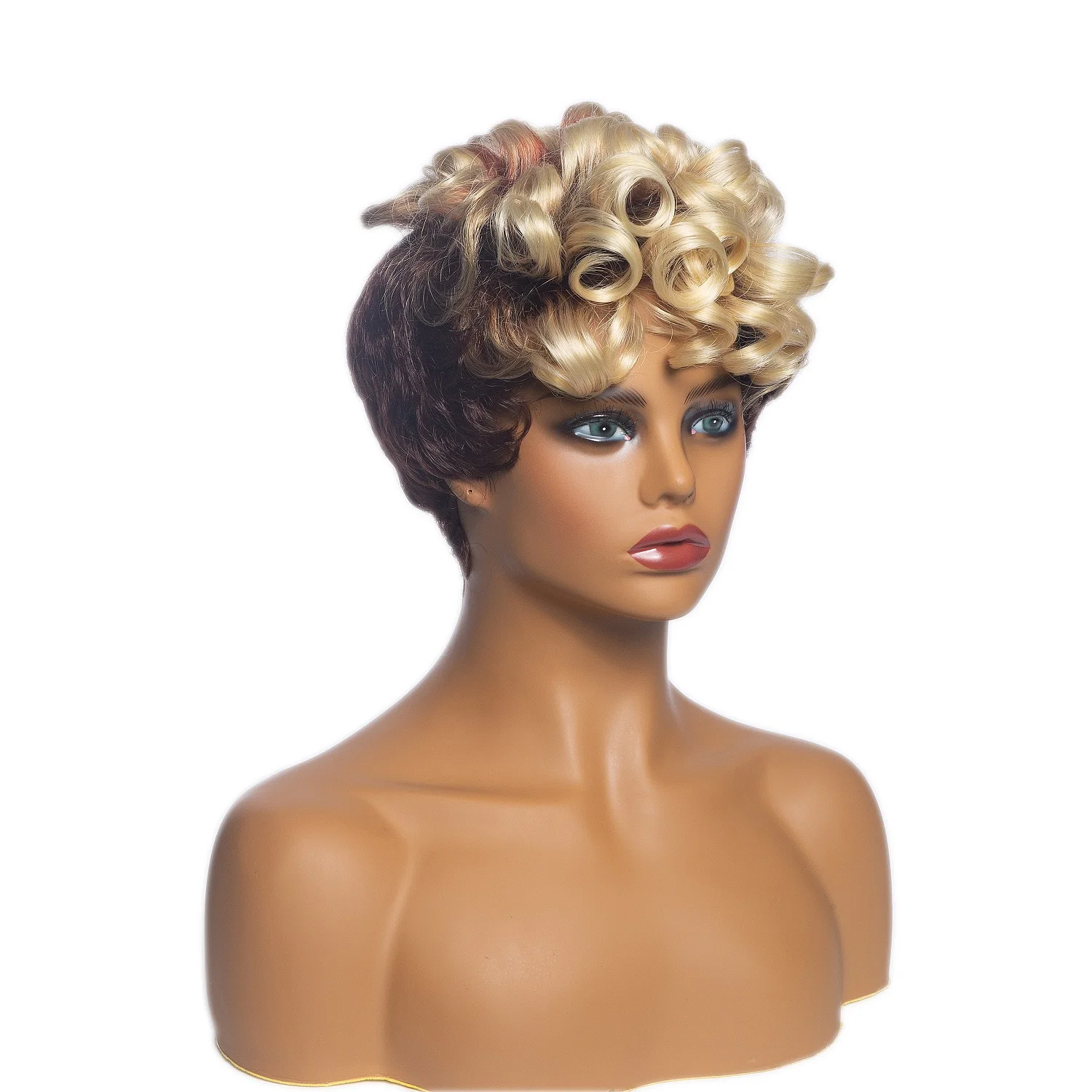 

Short Hair Afro Kinky Curly Wigs With Bangs For Women Synthetic African Ombre Daily Wigs High Temperature