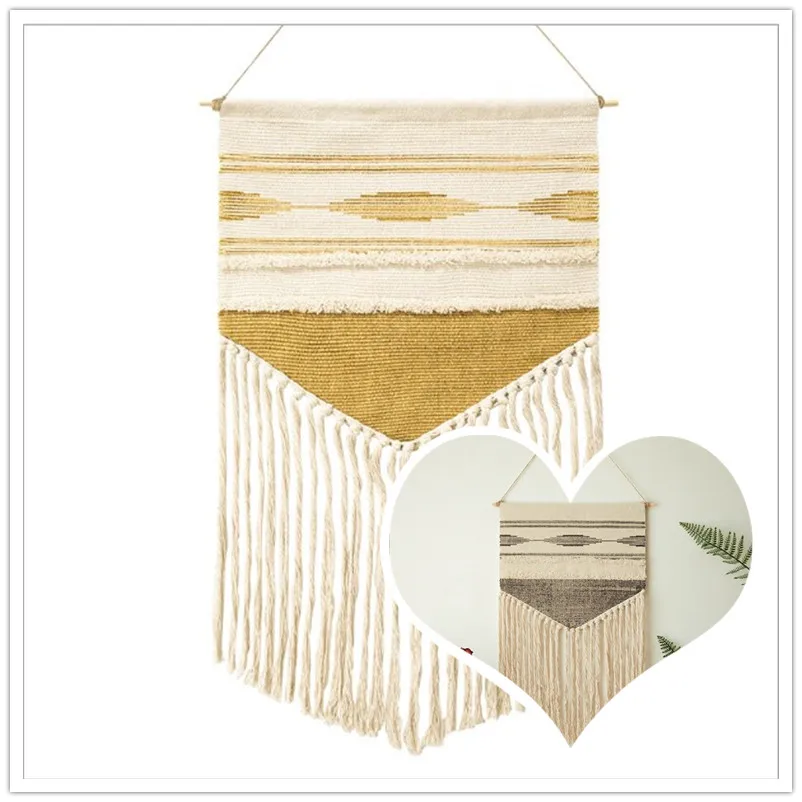 Настенный Тканый гобелен с кисточками. Серый желтый pinstripe трафаретная печать