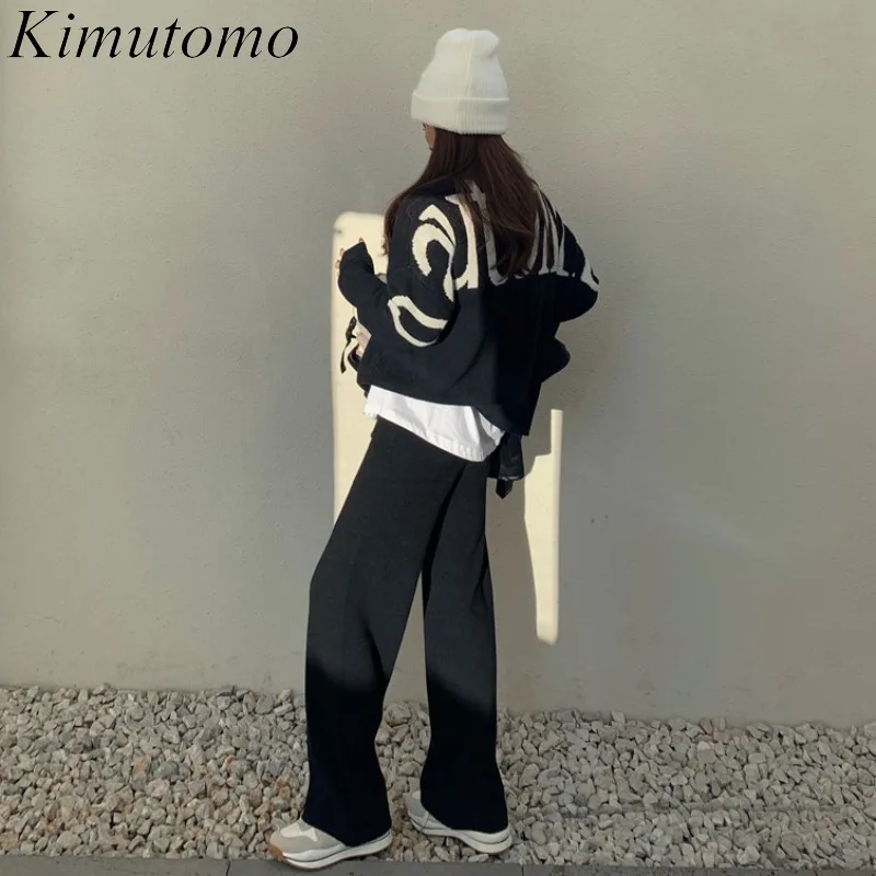

Kimutomo High Street Autumn Sets Elegant British Style Ladies Long-Sleeved Lazy Letter Print Knit Sweater Loose Pants Two-Piece