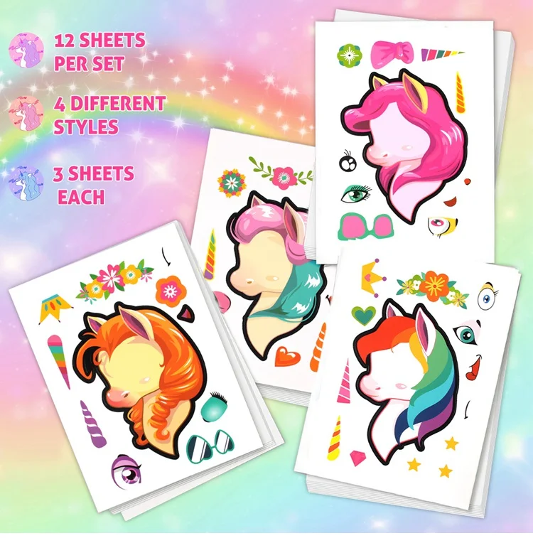 sticker 12pcs QIFU Pin The Horn On The Unicorn Вечерние игры для детей на день рождения вечерние принадлежности для игры в Единорог вечерние украшения в виде единорога - Цвет: sticker 12pcs