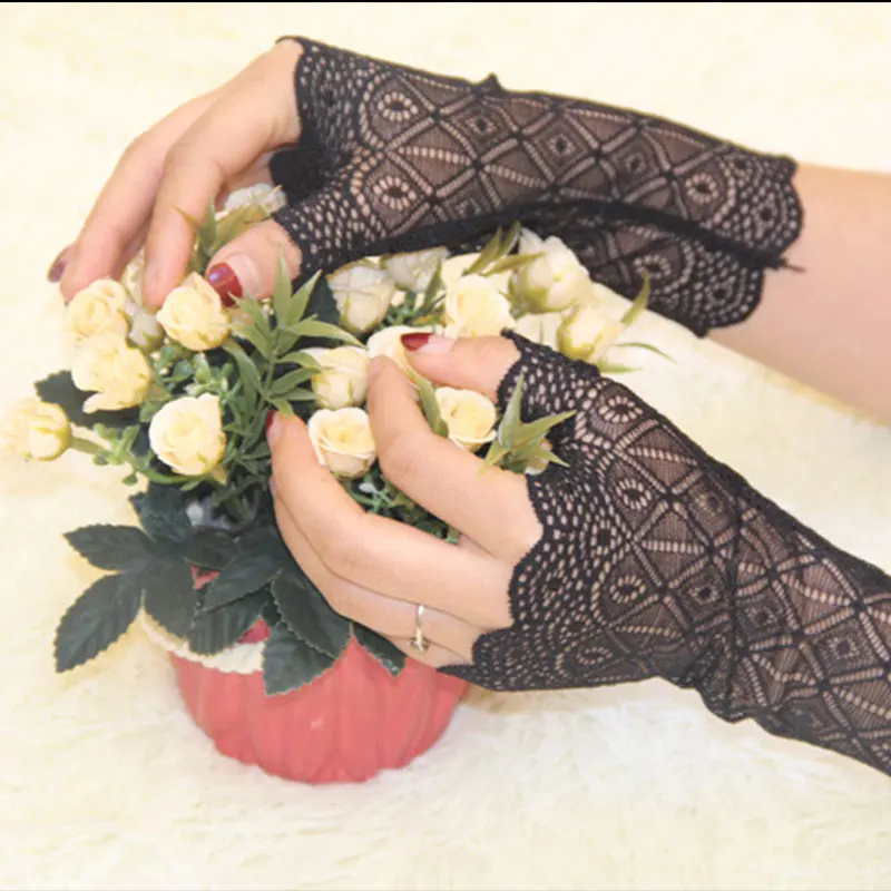 

Long Fingerless Lace Gloves Sunproof Driving Gloves Sunscreen Sexy Elastic Sleeve Mittens Covered Black White Arm Sleeve Gloves