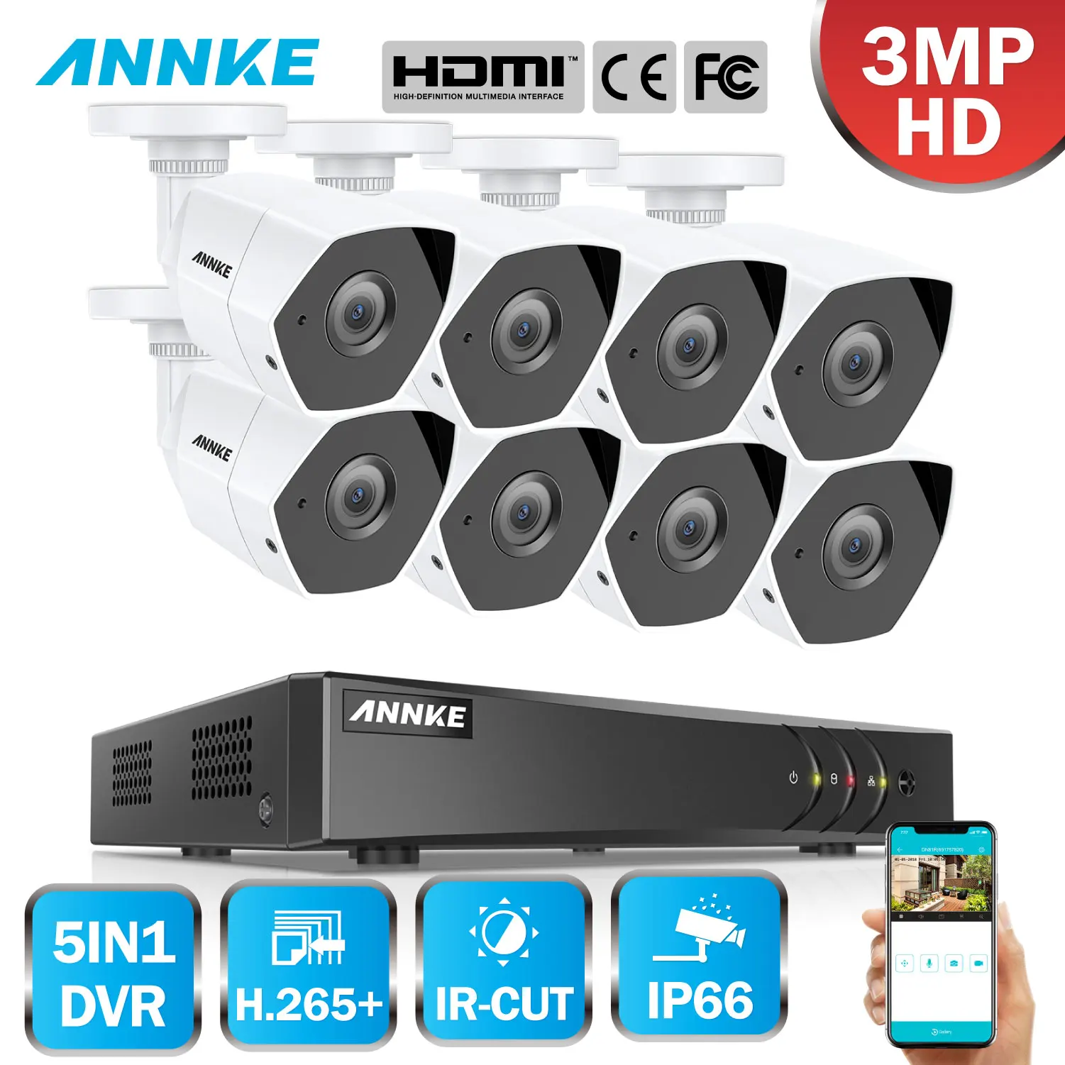 ANNKE Clear FHD 8CH 3MP домашняя система видеонаблюдения H.265 5в1 DVR с 8 шт TVI наружная