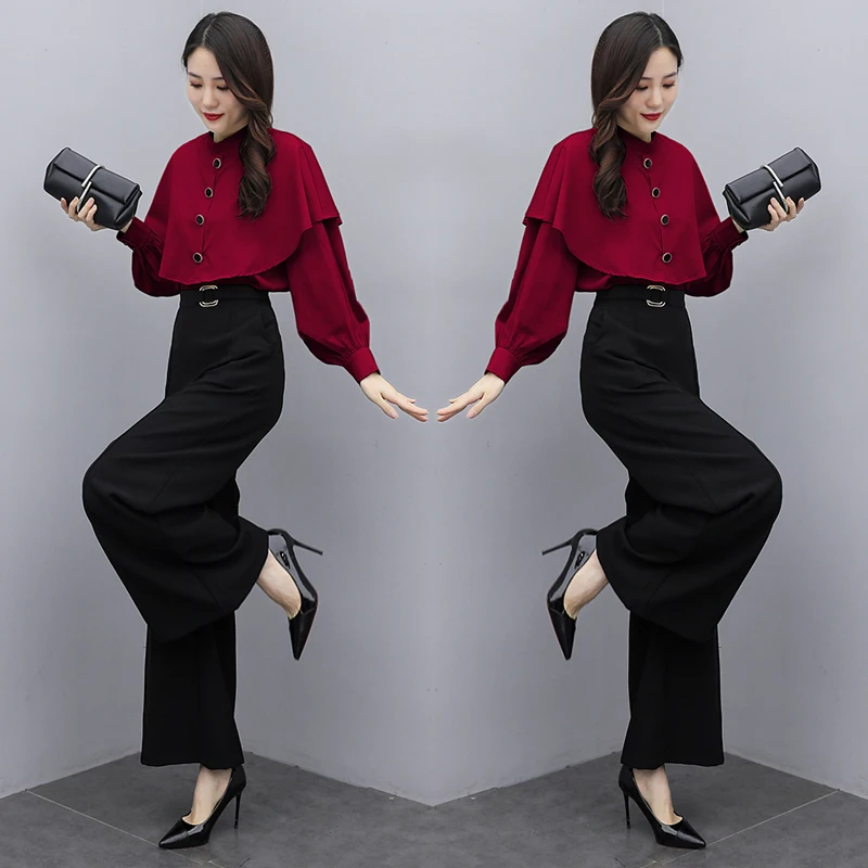 

2021 spring women's fashion plus size Ruffle Cape top + wide leg pants tracksuits female vintage large size two-piece sets