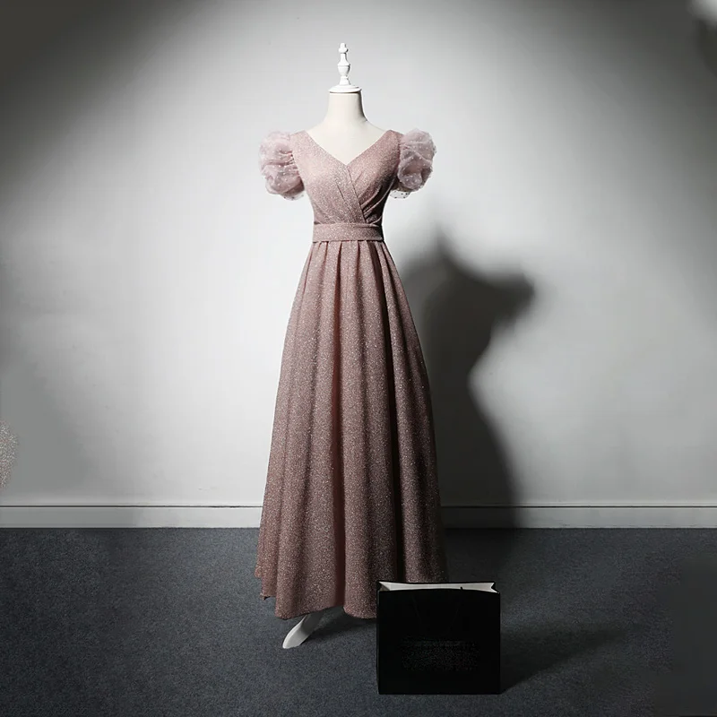 Женское вечернее платье, ТРАПЕЦИЕВИДНОЕ ПЛАТЬЕ с блестками, V-образным вырезом, короткими рукавами, на шнуровке, до щиколотки, простые элегантные официальные платья для вечерние, B1014