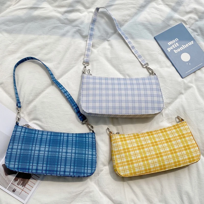 

Zipper Women's Bag Baguette Bag Check Lady Small Handbags High Quality Canvas Cotton Female Crossbody Shoulder Bag Whole Sale