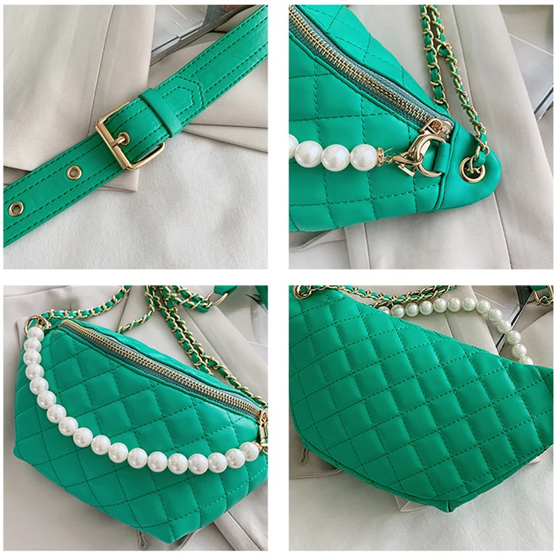 

Famale Fashion Pearl Chain Belt Bag Designer Leather Chest Bag Rhombus Lady Waist Bag Luxury Crossbody Bags for Women Fanny Pack