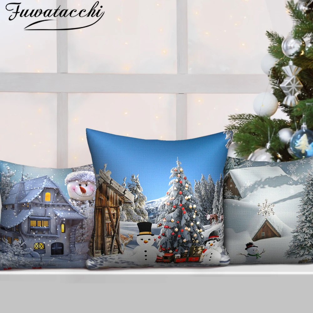 

Fuwatacchi Winter Snow Scene Photo Pillow Case Christmas Bell Tree Printed Cushion Cover for Home Sofa Car Decorative Pillowcase