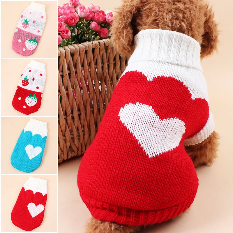 

Pet Dog Clothes Lapel Lovely Strawberry Pattern Knit Sweater Warm Autumn and Winter for Small Dogs Qianyi