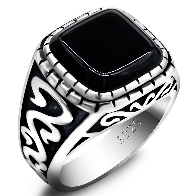 

Solid 925 Sterling Silver Men's Ring with Natural Black Onyx Stone Square Flame Ring Turkey Handmade Vintage Punk Jewelry Gift
