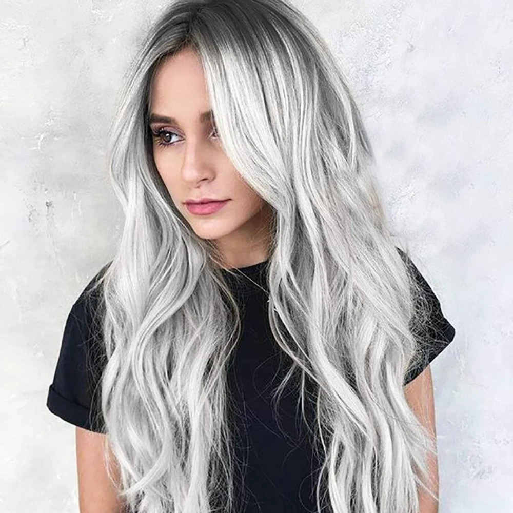 

Toutbeau Ombre Silver Wavy Wig Gray Long Wavy Wigs For Women With Free Wig Cap False Hair Heat Resistant Fiber 26inches 260g