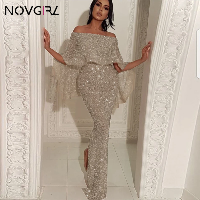 Novgirl/шикарное Макси платье с люрексом и открытыми плечами женское сексуальное