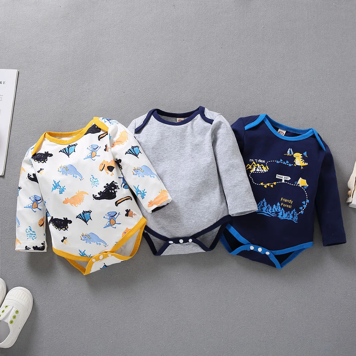 

3 пары в упаковке; Комбинезон для маленьких мальчиков; Боди с длинными рукавами для маленьких мальчиков, комплект одежды для новорожденных с принтом "динозавр"; Детский комбинезон Перевозка груза падения