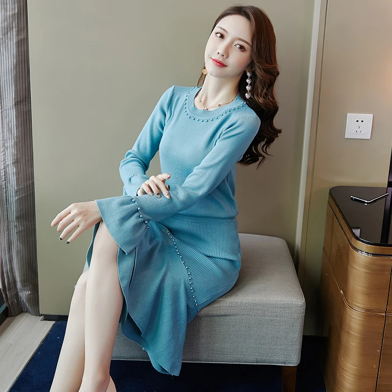 Pearl Chic Ladies Knitted Skirt Suit Autumn Mermaid + Lantern Sleeve Sweater Pullover Elegant Party 2-Piece Set |