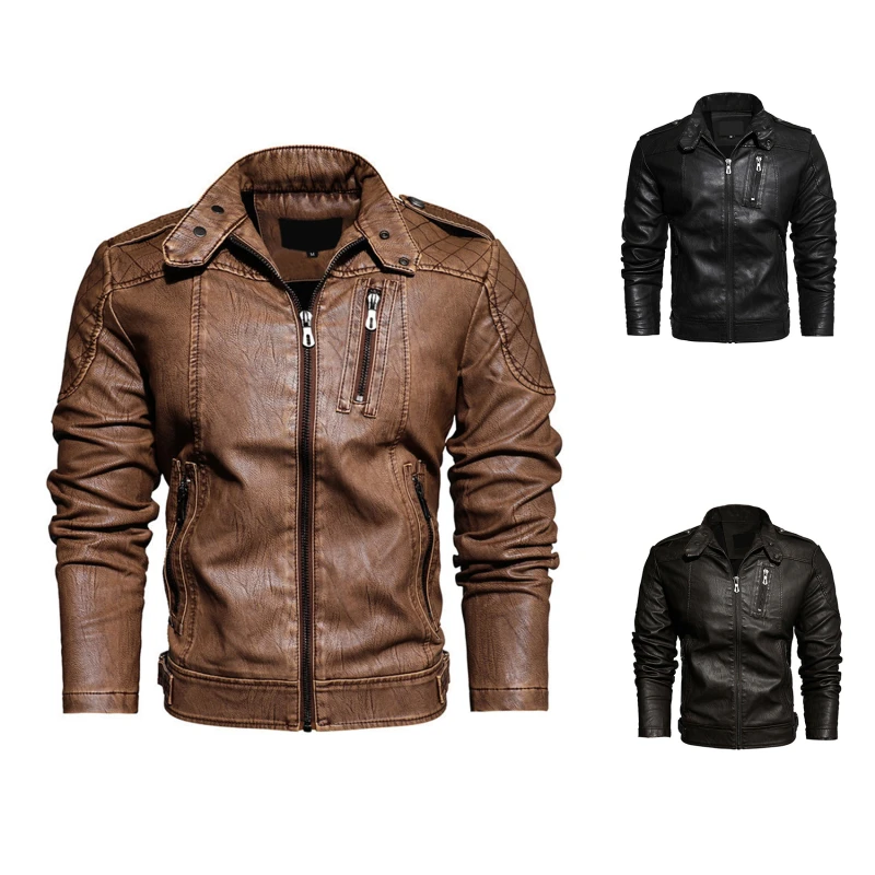 

Autumn Mens Jacket Winter Solid Color Faux PU Leather Jackets Casual Embroidery Coat Zipper Fleece Jacket
