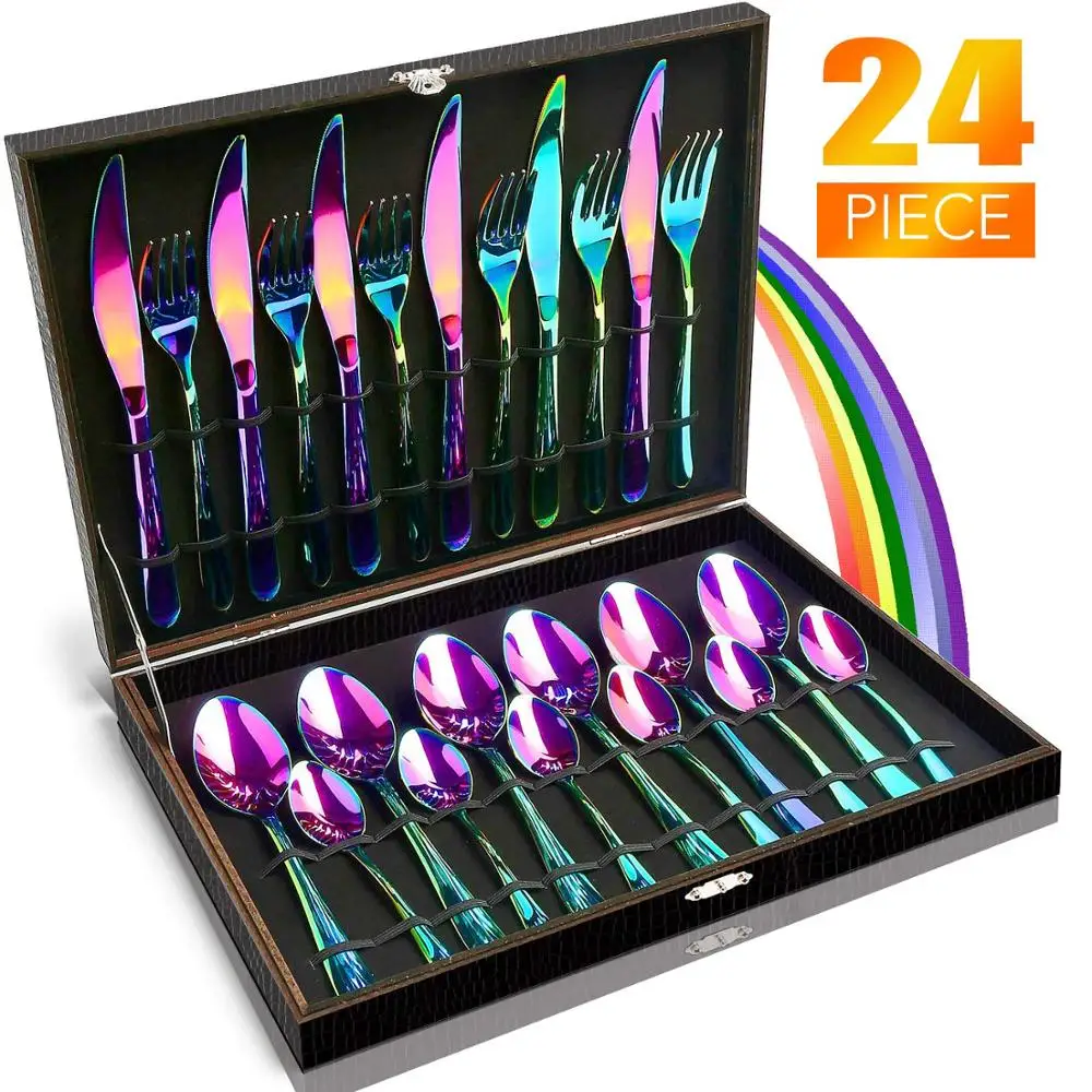 24 шт. столовые приборы из нержавеющей стали не выцветающие набор посуды радужные