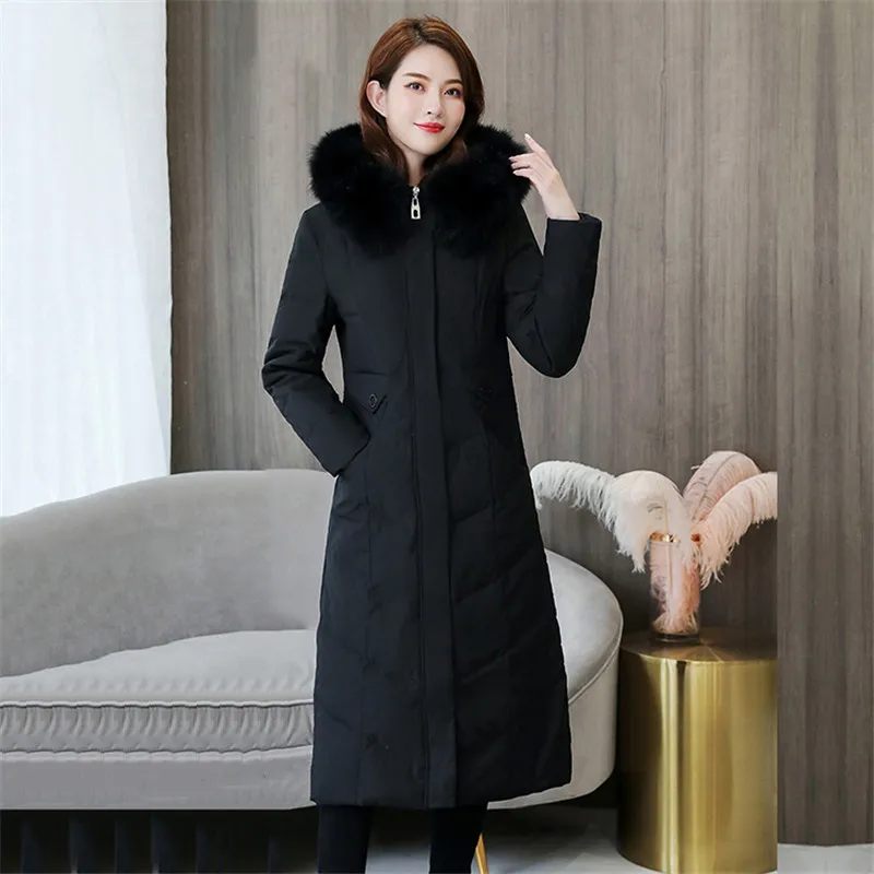 Женский длинный пуховик с капюшоном теплый большого размера на белом утином пуху