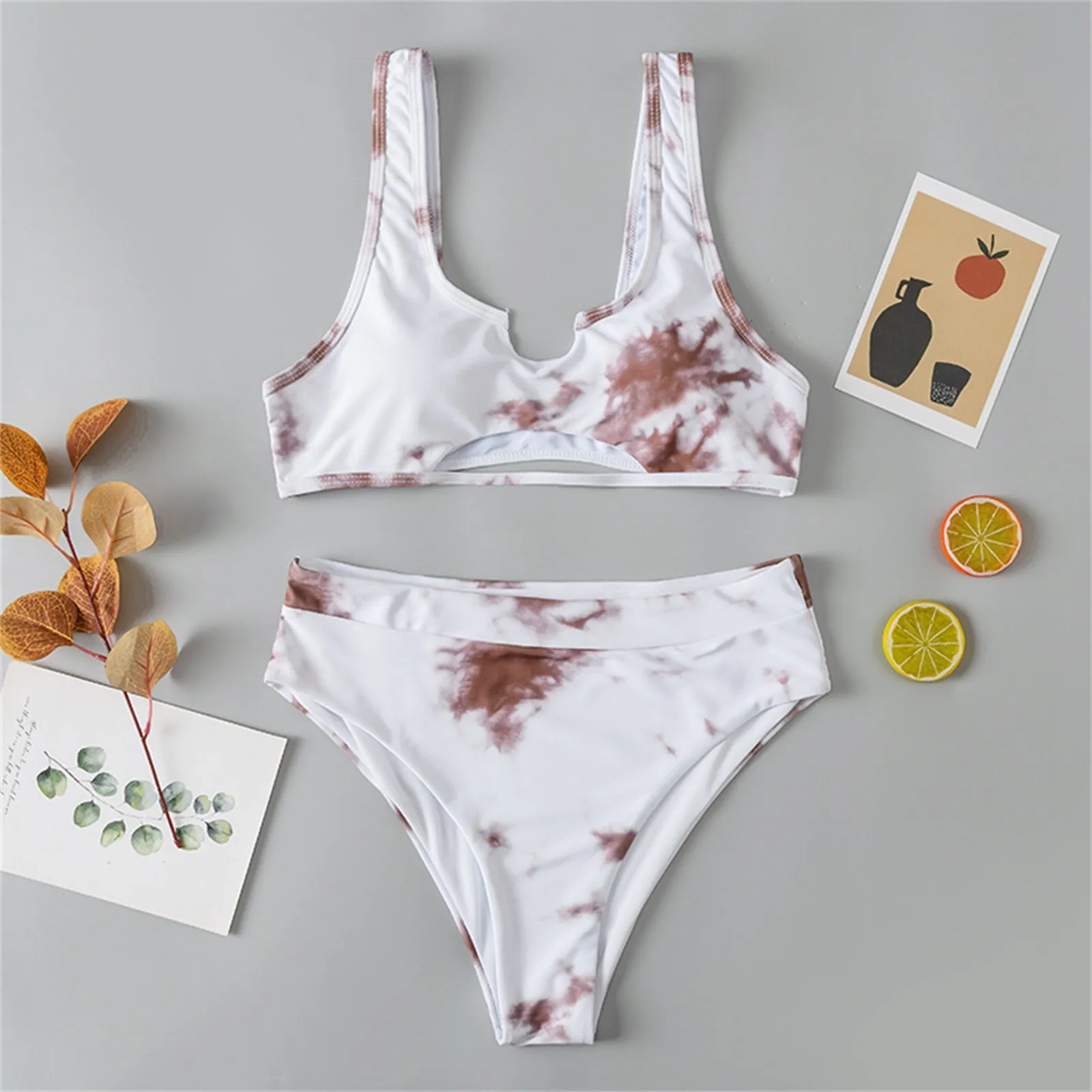 

Brown tie dyed split Swimsuit Bikini women's summer fashion sports swimsuit high waist split Swimsuit Bikini bañadores mujer