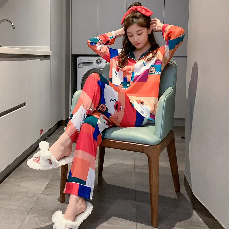 

New Women's Pajamas Spring Long Sleeve Loose Two-Piece Suit Ice Silk Lapel Casual Silky Homewear
